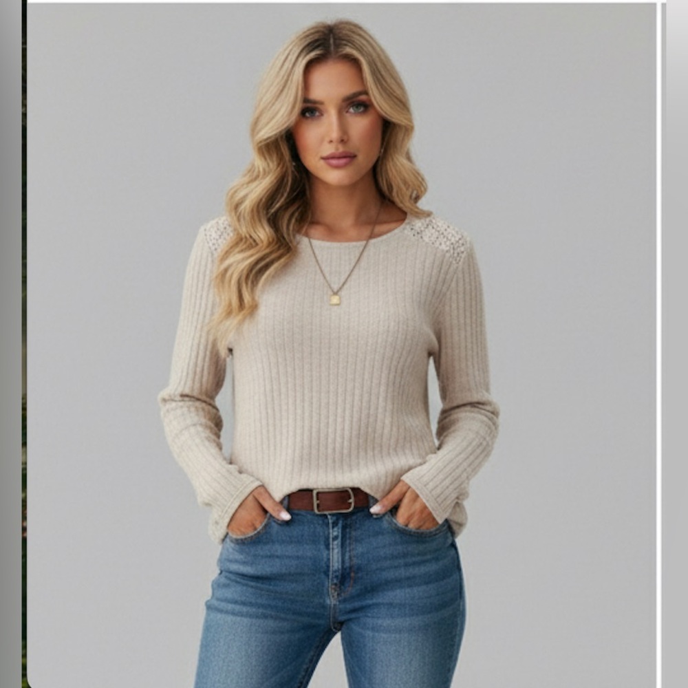 Guipure Lace Insert Ribbed Tee Cream